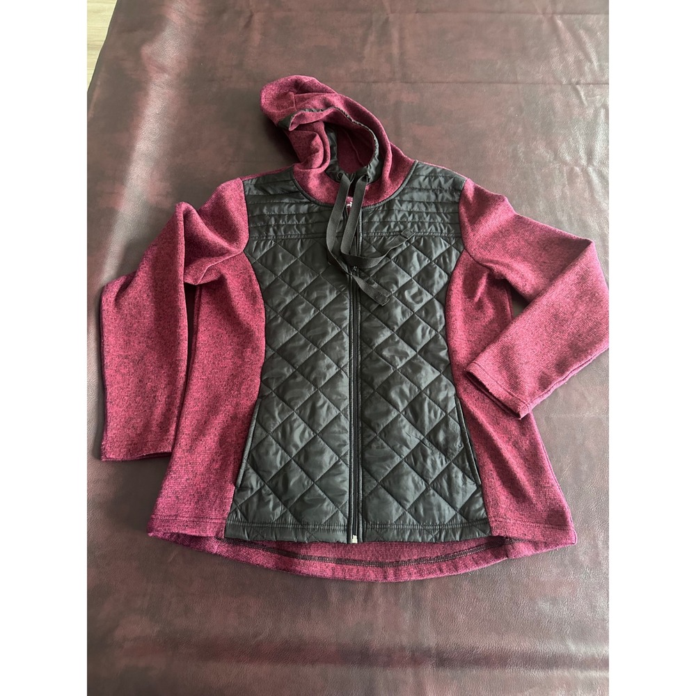 St Johns Bay Active Womens XL Burgundy Black Quilted Mixed Media Zip Up Hoodie